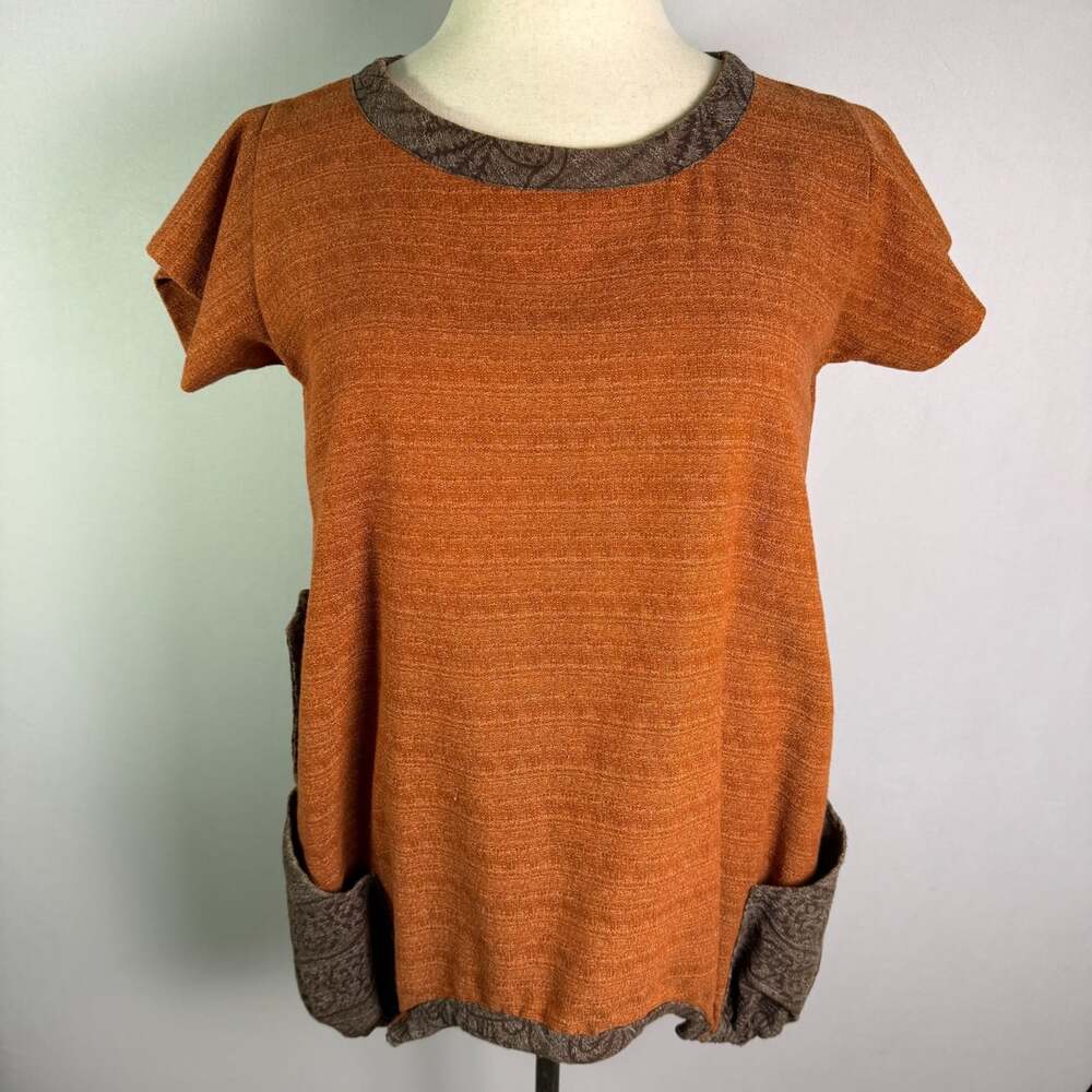 Sacred Threads Womens Rust Orange Textured Woven Top Sh. Sleeve Paisley Pockets